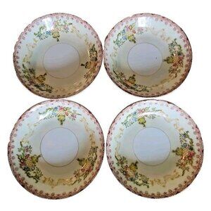 National China Fruit Dessert Bowls 5" set-4 Japan red rim tan lattice floral